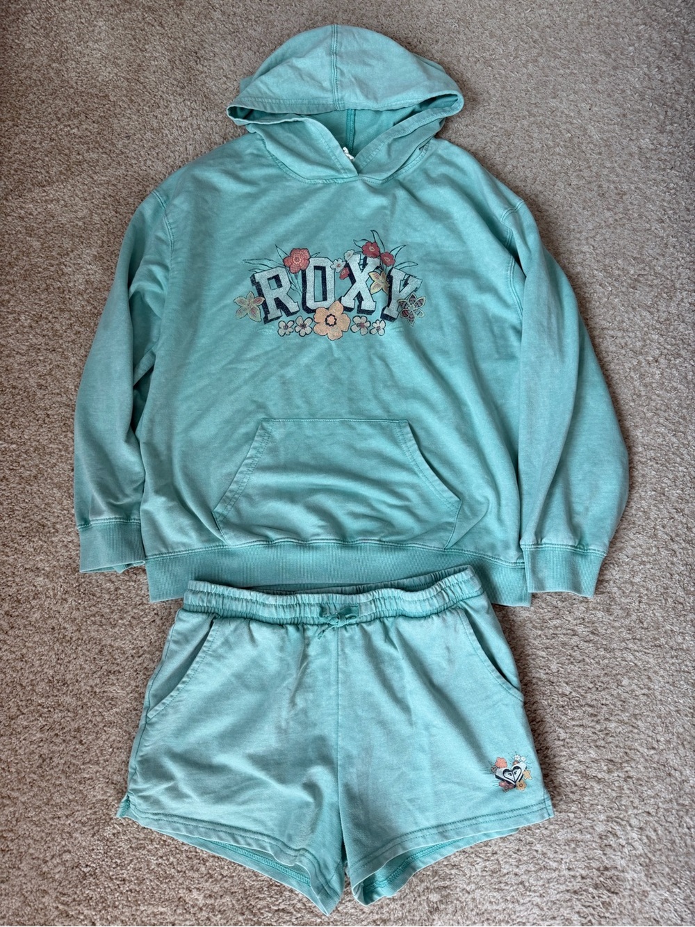 Roxy Teal Floral Logo Hoodie & Shorts Set